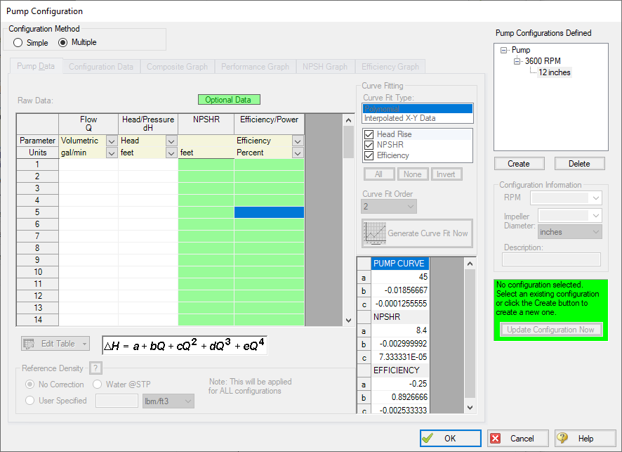 The new pump configuration shows up in the Pump Configurations Defined box in the Pump Properties window.